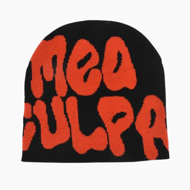 Mea Culpa Beanie 'Black & Orange Edition', mea culpa beanie owner orange & black edition, mea culpa black and white beanie, orange mea culpa beanie