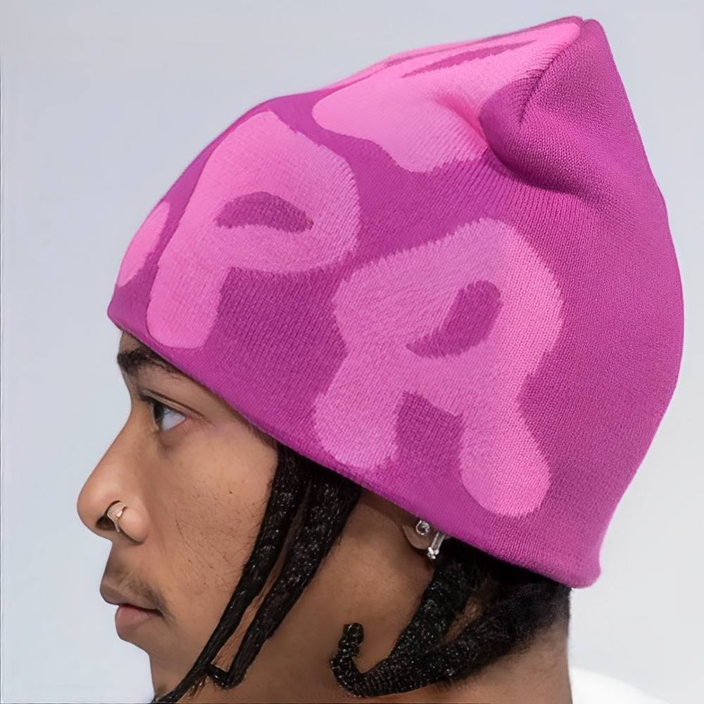 This image shows a mannequin wearing a mea culpa beanie.